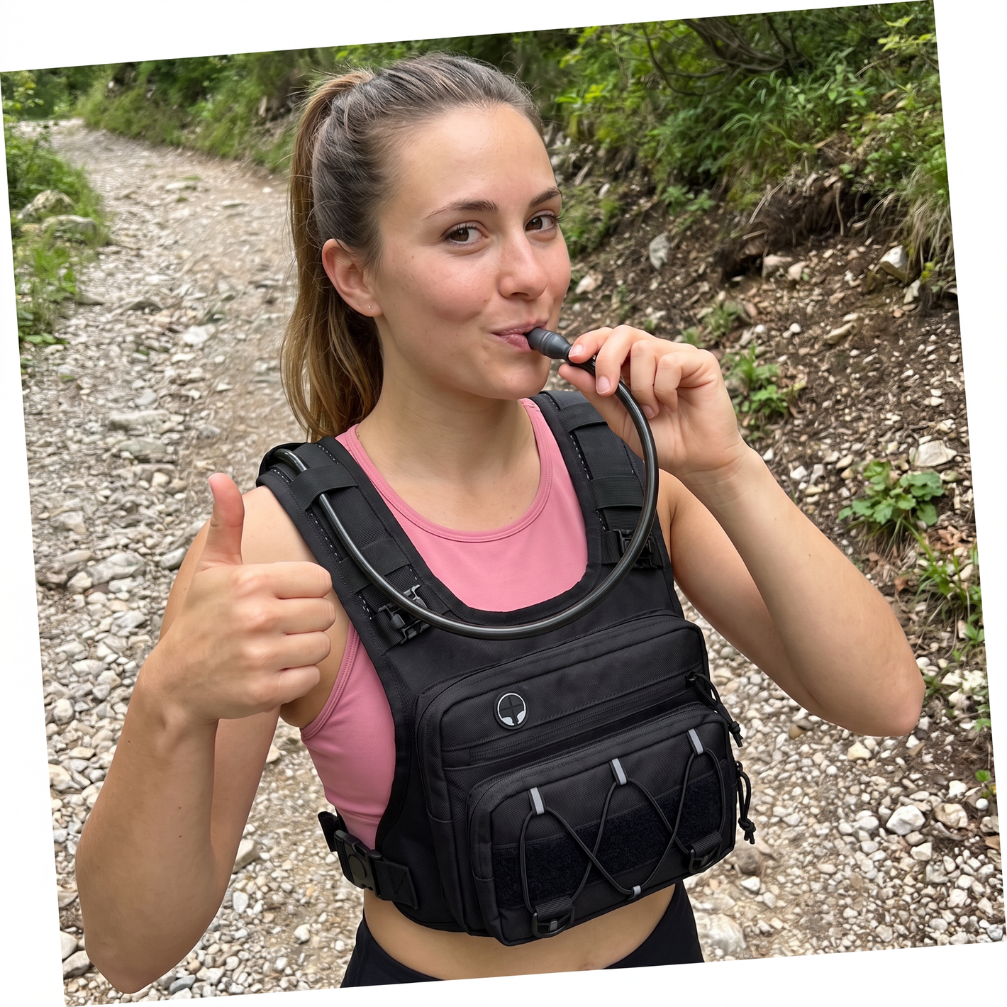 Woman customer sipping from HydraKor hydration vest tube on gravel hiking trail